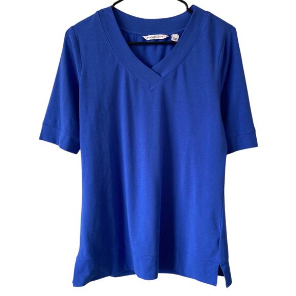 ISAAC MIZRAHI LIVE Rounded V Neck w/ Thick Band Inset Knit T Shirt Small Blue - Picture 1 of 4